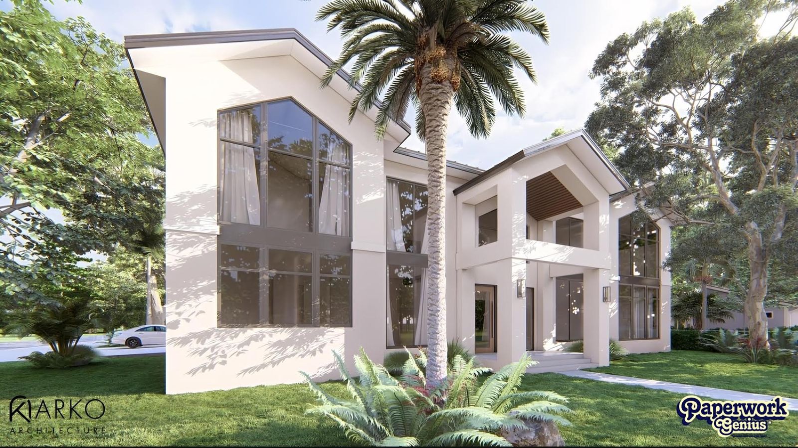 White two-story residence rendering by Arko Architecture