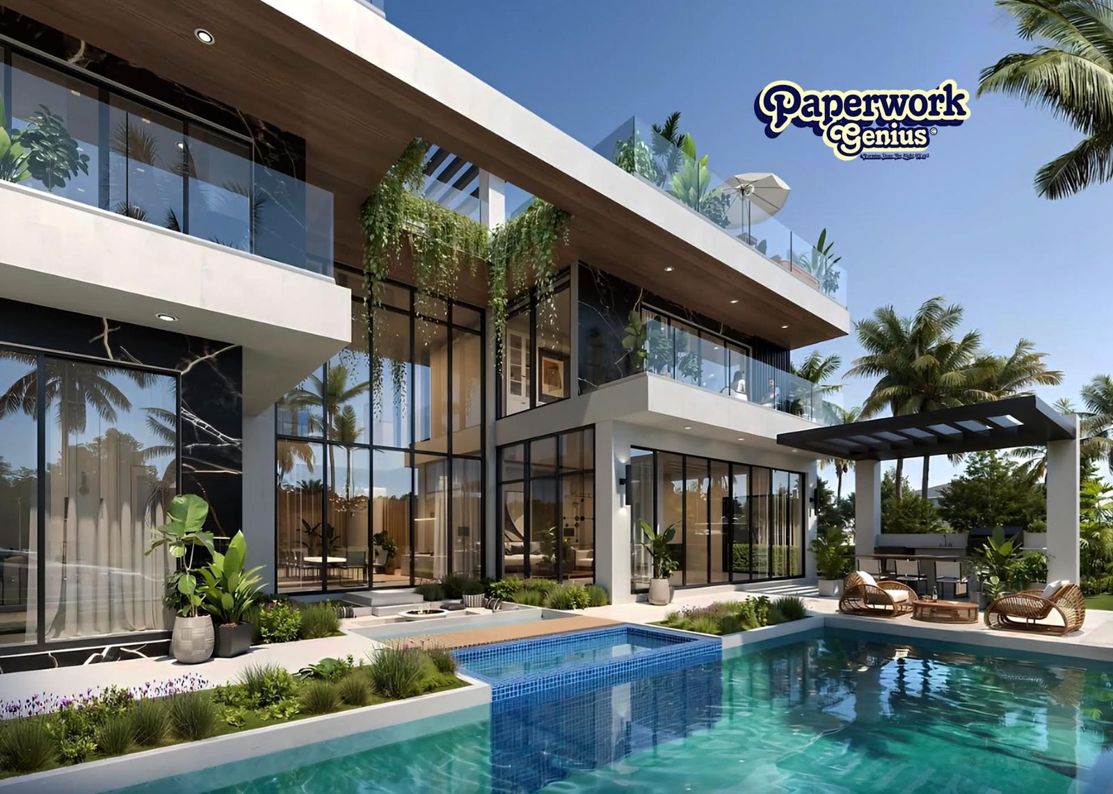 Modern two-story residence with glass walls, pool and pergola
